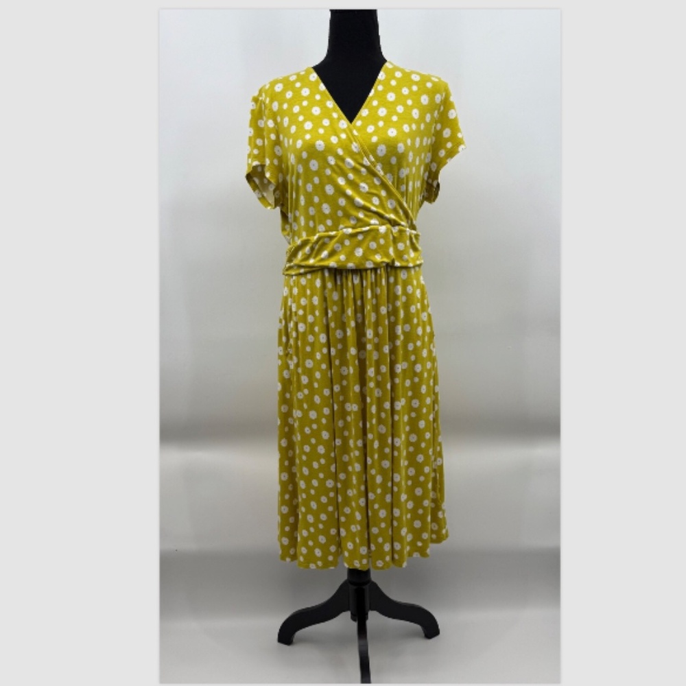 Boden Dress Women 14 Chartreuse Midi Wrap Stretch Floral Short Sleeve Pockets